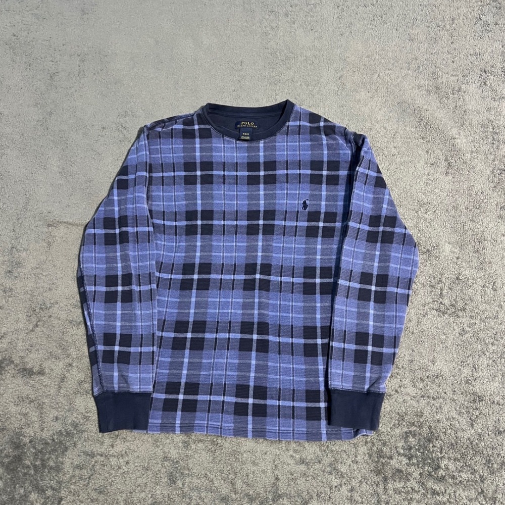 Y2K Polo Ralph Lauren Blue Plaid Waffle Knit Thermal Long Sleeve Shirt Medium